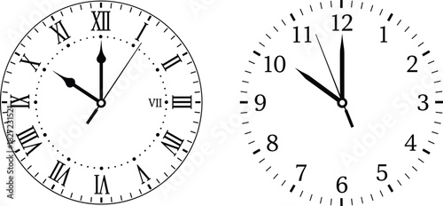 A pair of classic and modern analog clock faces isolated on a white background, one displaying ten o'clock with Roman numerals and the other eleven o'clock with Arabic numerals