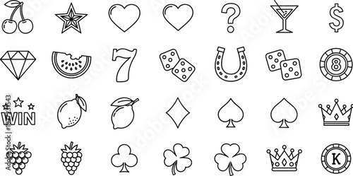 Black and White Gambling Icons Set with Casino Elements and Lucky Symbols for Risk Taking Games