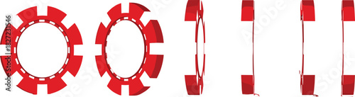 A detailed visual representation showcasing vibrant red casino gaming chips from various angles, ideal for themes encompassing gambling, card games, entertainment, risk, and fortune