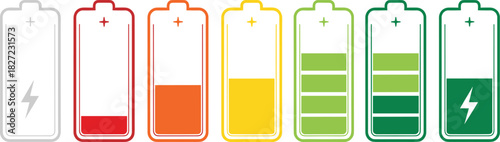 A complete set of colorful battery charge level indicators, showing the energy status from empty red to fully charged green for user interfaces