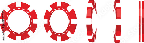 A set of red poker chips shown in different stages of rotation, illustrating a spinning casino token for gambling and betting games