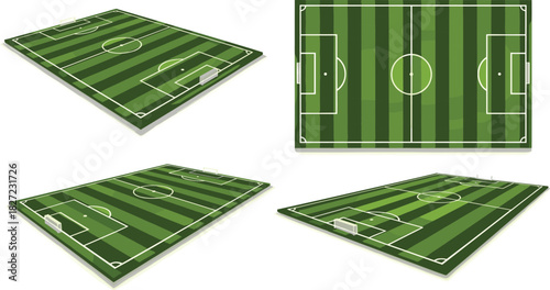 Set of four illustrated soccer fields showcasing various isometric perspectives and different angles, perfect for sports graphic design, game backgrounds, or visual presentations of football concepts
