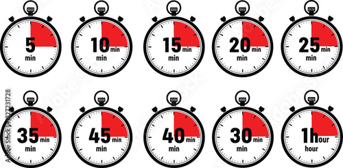 A collection of isolated stopwatch icons representing various time intervals, ideal for illustrating deadlines, countdowns, and time management concepts