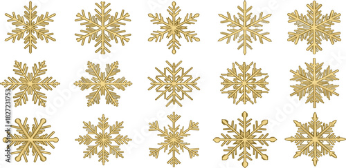 Collection of golden snowflakes, meticulously detailed, on a white background, perfect for festive designs and winter themes