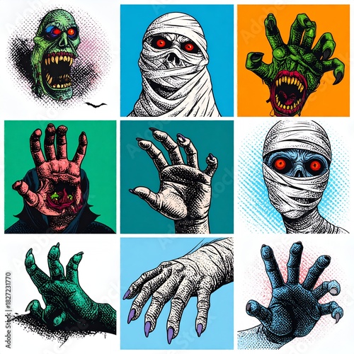 Halloween Horror Collection - Zombie and Mummy Faces and Hands, Spooky Monster Illustrations for Scary Designs.