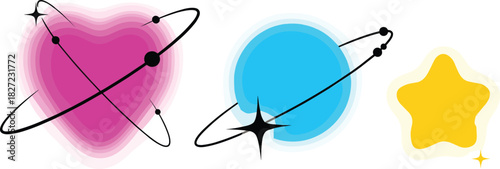 Colorful Celestial Icons Heart, Planet, and Star Designs for Creative Projects and Web Graphics
