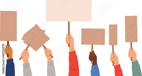 A diverse group of hands holding blank protest signs, symbolizing activism and social change