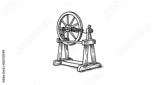 A black and white illustration of an antique wooden spinning wheel on a white background