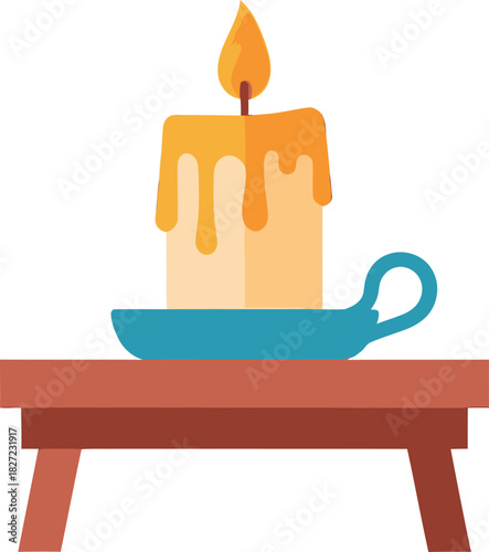 A lit candle with dripping wax sits on a blue candle holder on a wooden table.