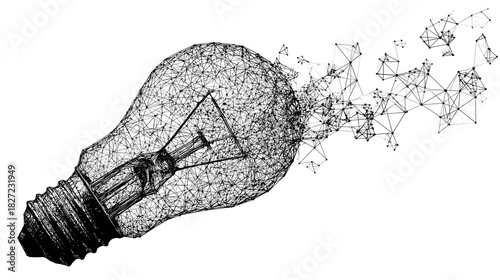 Conceptual image of a lightbulb rendered with a wireframe effect, dissipating
