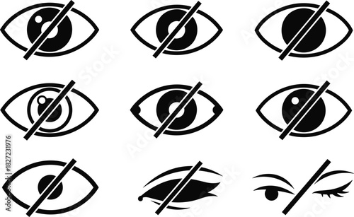 Set of black and white eye icons representing various states of vision and privacy, including closed, open, and obscured eyes