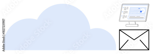 Cloud with monitor displaying analytics and an envelope symbolizing email. Ideal for cloud storage, communication, analytics, networking, security, remote work, collaboration. Simple flat metaphor