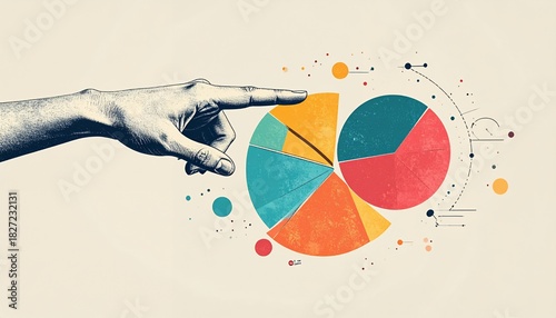 Hand Pointing at a Colorful Pie Chart Representing Data Analysis and Business Statistics.