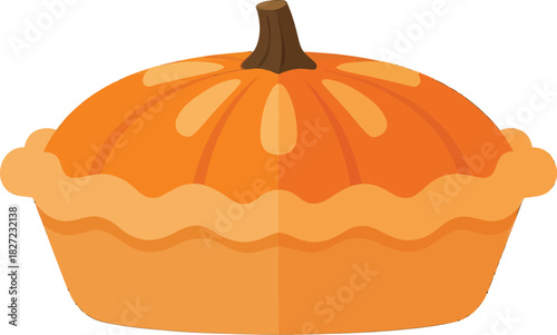 A charming cartoon illustration of a whole pumpkin pie with a decorative crust and stem on top.