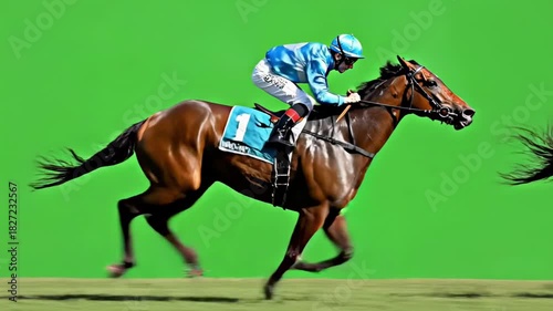 Racehorse and jockey galloping fast on green screen background.
