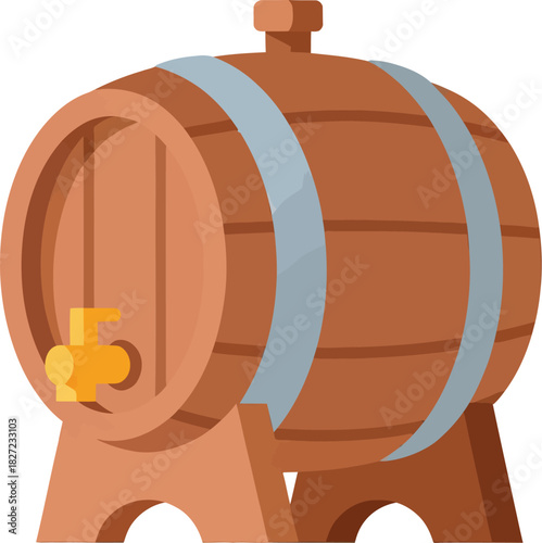 Illustration of a wooden barrel with a tap, standing on a wooden stand.