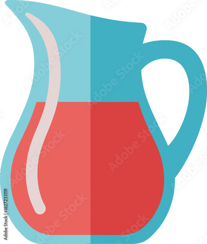 A flat design illustration of a transparent blue glass pitcher filled with red juice.