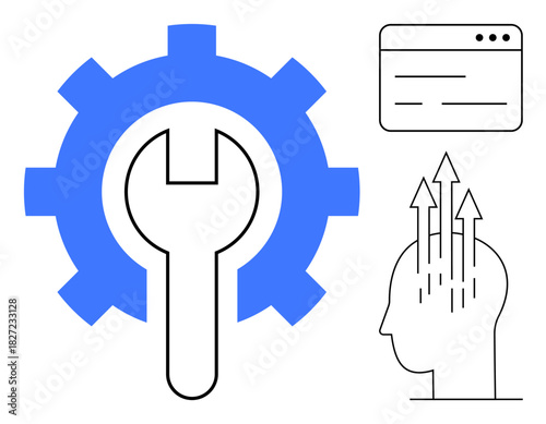 Technical development concept. Gear and wrench system design and solutions. Technical development fosters innovation, process optimization, and knowledge growth. For engineering, IT, startups