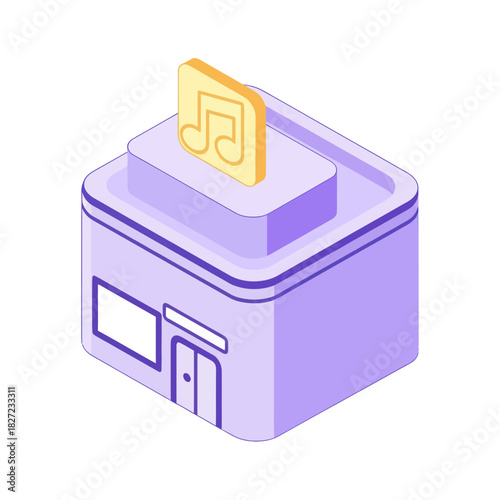 Isometric music store building with a golden note sign.
