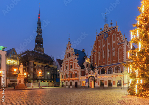 Christmas lights at House of the Blackheads and Town Hall Square in Riga, Latvia