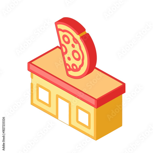 Isometric Pizza Restaurant Building with Slice Sign.
