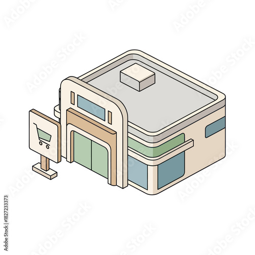 Isometric illustration of a modern retail store building with shopping cart sign.