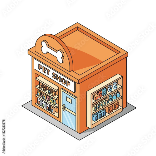 Isometric pet shop building vector illustration isolated on white background.