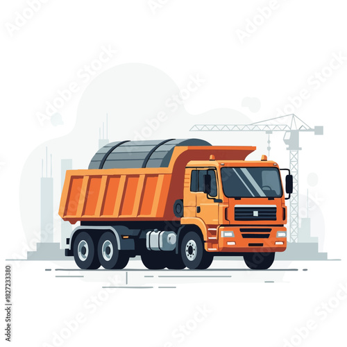 An orange dump truck illustration carries a load of materials, set against a construction site background with a crane, ready for transport.