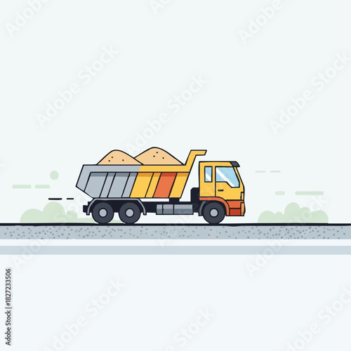 A vibrant illustration depicts a yellow dump truck transporting sand on a road, emphasizing construction and transportation themes.