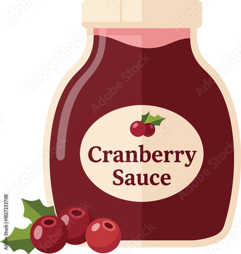 A vector illustration of a jar of cranberry sauce with fresh cranberries and holly leaves isolated on a white background.
