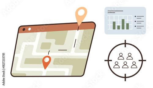 Digital map with location pins, bar chart analytics, and user targeting icon. Ideal for navigation, marketing, analytics, audience targeting, data visualization, strategy simple flat metaphor