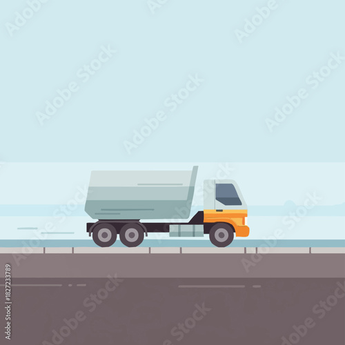 A flat illustration depicts a cartoon dump truck driving along a road on a sunny day with a light blue sky in the background.
