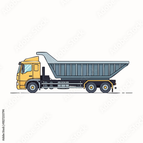 A vector illustration of a yellow dump truck, ideal for construction and transportation, set against a clean, minimalist background.