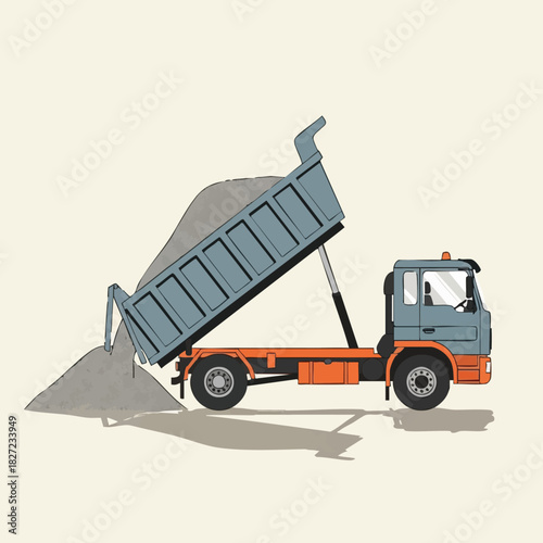 An illustration depicts a dump truck unloading gravel or sand, showcasing construction and transportation processes with a simple, graphic style.
