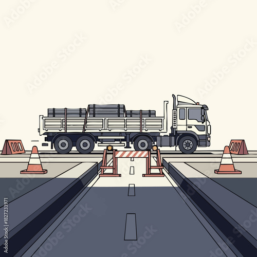 A commercial truck transporting construction materials approaches a road closure, marked by safety cones and barriers, depicting roadwork.