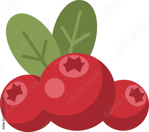 A cluster of ripe red cranberries with green leaves in the background, depicted in a simple, flat illustration style.