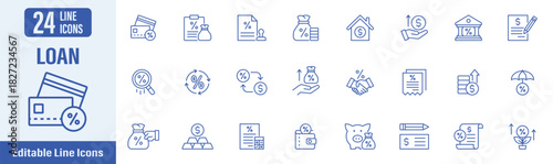 Loan web icons in line style. Contains icons as loan, credit, debt, mortgage, repayment, installment and more. Vector illustration.