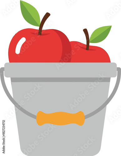 A gray bucket filled with two ripe red apples and green leaves, with a yellow handle.