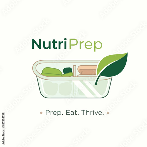 NutriPrep healthy meal prep container with fresh ingredients and leaf logo.