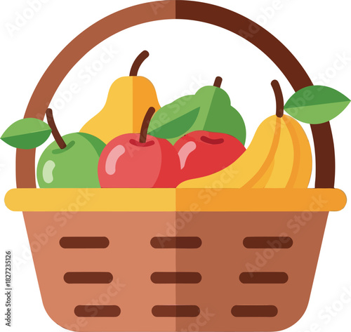 A basket filled with various fruits, including apples, bananas, pears, and green leaves.