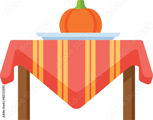 A cartoon illustration of an orange pumpkin on a plate, set upon a table with a red and yellow striped tablecloth.
