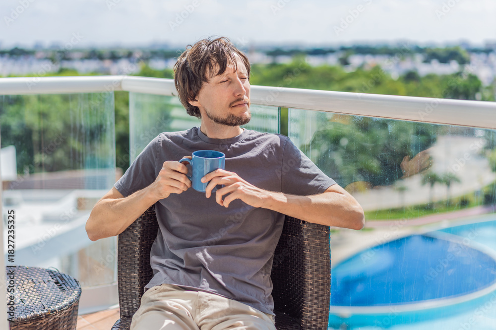 Obraz premium Man drinking coffee on the balcony in the morning. Concept of relaxation, lifestyle, routine, peaceful moments, and enjoying a warm drink outdoors at home