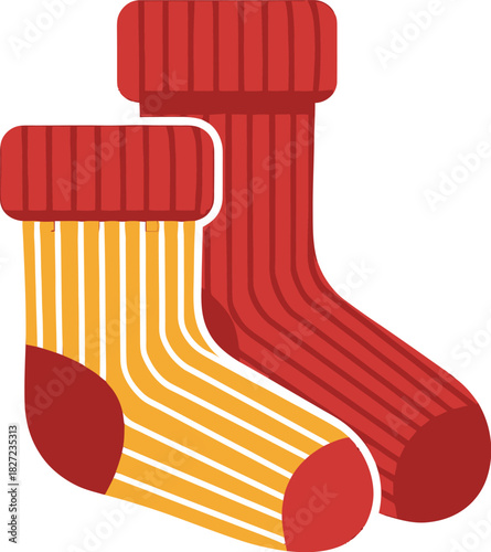 Two colorful socks, one red and ribbed, the other yellow and white striped, are shown side by side.