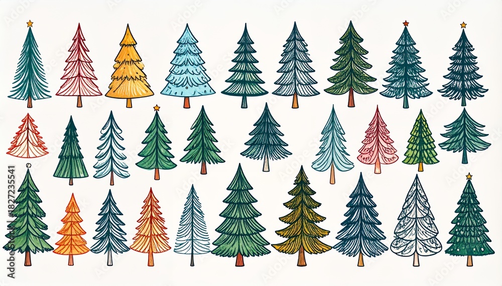 Obraz premium Watercolor Christmas Tree Collection Hand-Drawn Festive Holiday Illustrations.