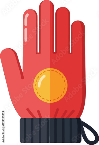 Flat vector icon of a single red winter glove with a black cuff and a yellow circular patch.