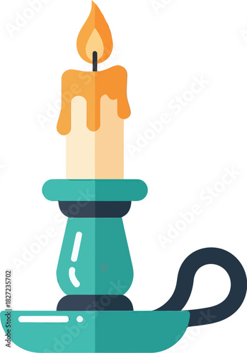 A lit candle in a teal candlestick holder with a handle, casting a warm glow.
