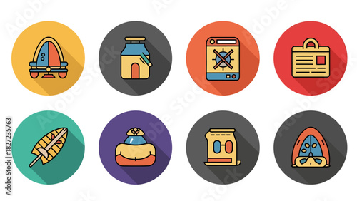 Collection of Flat Design Icons Representing Various Concepts like Travel, Business, and Technology