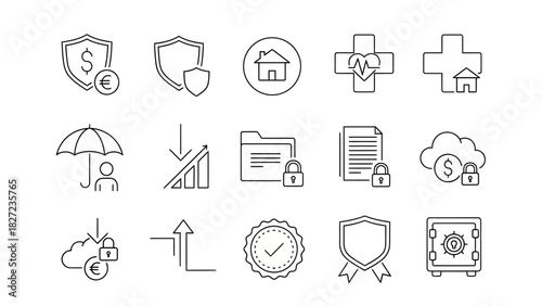 A comprehensive set of linear icons for security, insurance, and financial services, including symbols for protection, health, and data privacy