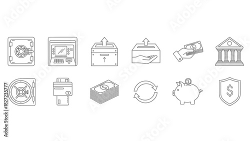 Financial Transaction and Savings Icons Money, ATM, Safe, Piggy Bank, Bank Building