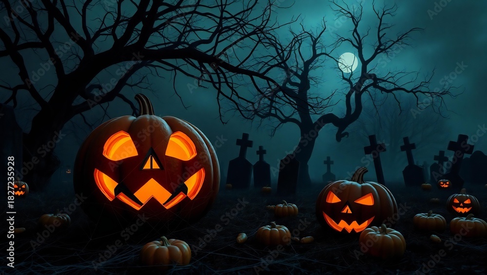 Fototapeta premium Spooky halloween night with glowing jack-o'-lanterns and silhouetted trees in a misty forest atmosphere white background